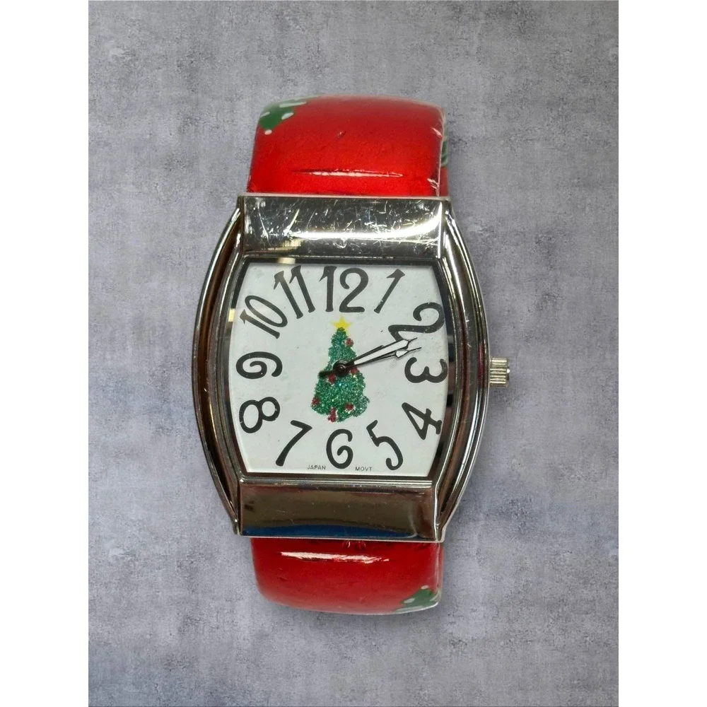 Accutime Christmas Tree Cuff Watch Womens Red Silver Fair Holiday Novelty